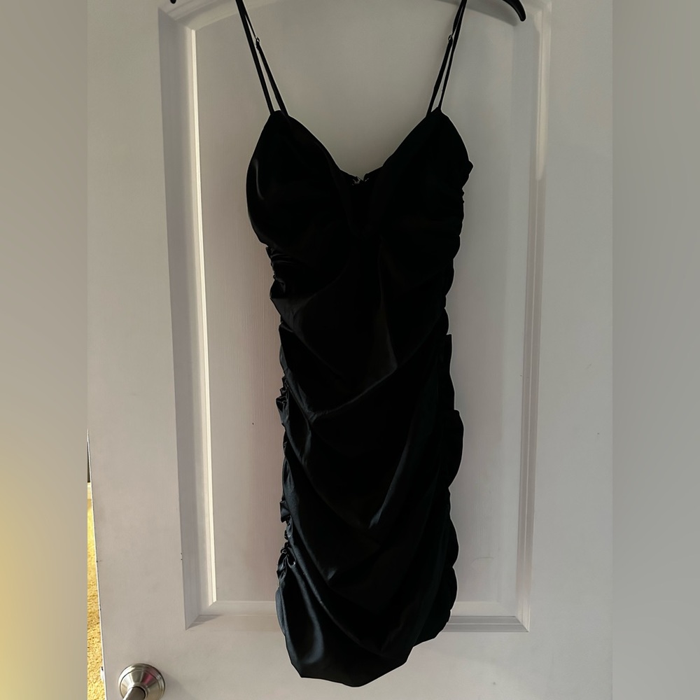 Black ruched satin mini dress